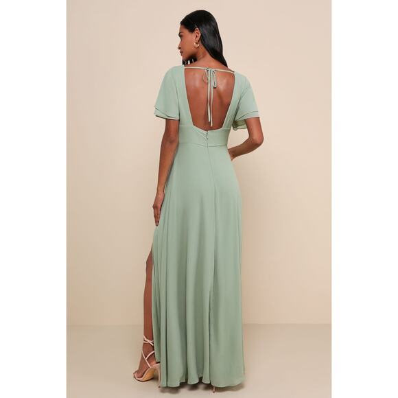 NWT Lulus Promise Of Love Sage Brush Flutter Sleeve Maxi Dress Bridesmaid Size M - Picture 3 of 8